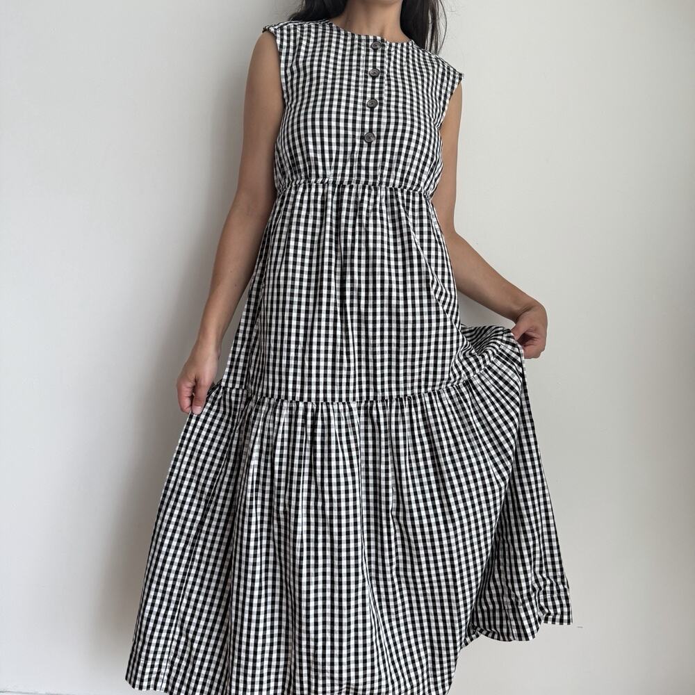 Everlane The Tiered Midi Gingham Dress XS Black White Checked Cotton Pockets